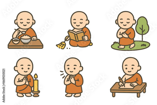 Monk's Daily Activities. Flat vector mini-illustrations Monk daily routine in colors children's illustrations: eating simple meal,