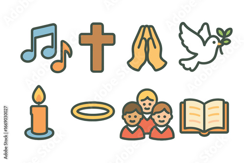 Musical Chant Symbols. Flat vector mini-illustrations chant symbols in colors children's illustrations: musical notes, crosses,