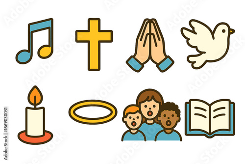 Musical Chant Symbols. Flat vector mini-illustrations chant symbols in colors children's illustrations: musical notes, crosses,