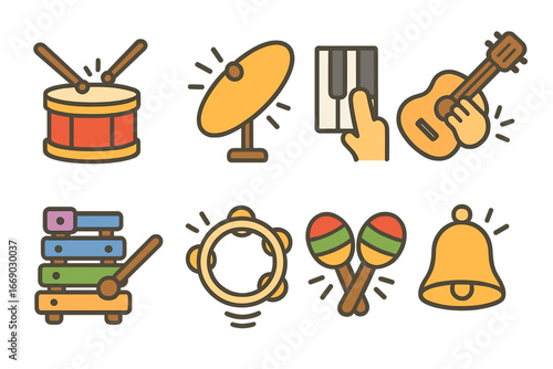 Musical Instruments Icons. Flat vector mini-illustrations musical strikes in colors children's illustrations: drumstick hitting