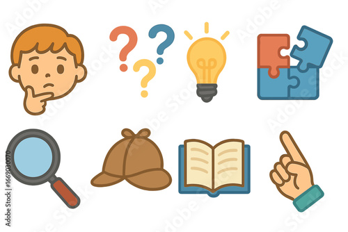 Mystery Solving Icons. Flat vector mini-illustrations mystery solving in colors children's illustrations: thinking face, question