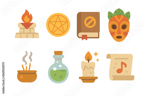 Mythic Ritual Icons. Flat vector mini-illustrations mythic rituals in colors children's illustrations: sacrifice altar, magic