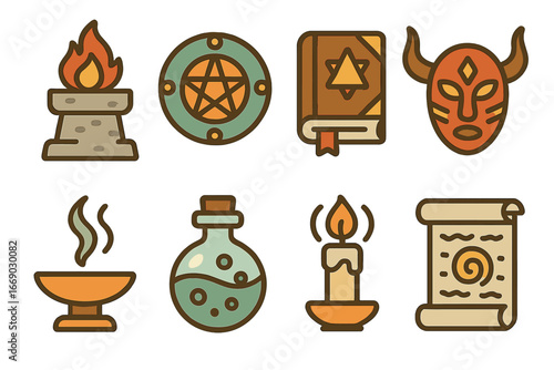 Mythic Ritual Icons. Flat vector mini-illustrations mythic rituals in colors children's illustrations: sacrifice altar, magic