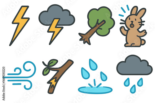 Nature's Stormy Icons. Flat vector mini-illustrations shock in nature in colors children's illustrations: lightning strike,