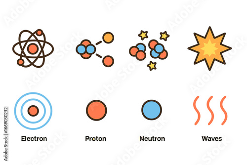 Nuclear Concepts for Kids. Flat vector mini-illustrations nuclear waste in colors children's illustrations: hazardous container,