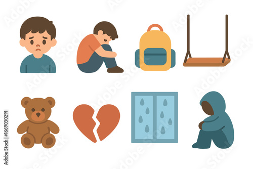 Orphan Childhood Icons. Flat vector mini-illustrations orphan children in colors children's illustrations: sad child, lonely child