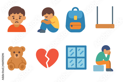 Orphan Childhood Icon Set. Flat vector mini-illustrations orphan children in colors children's illustrations: sad child, lonely