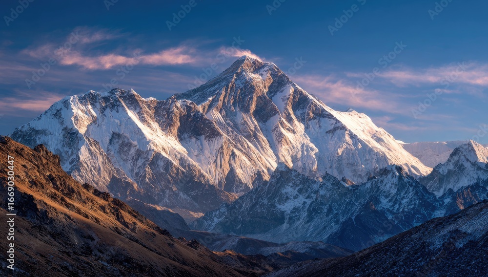 Obraz premium Majestic mountain peak, capped with snow, dominates a vast landscape of rugged terrain. Sunrise or sunset hues paint the sky