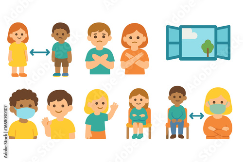 Pandemic Social Distancing Icons. Flat vector mini-illustrations pandemic social distancing in colors children's illustrations: