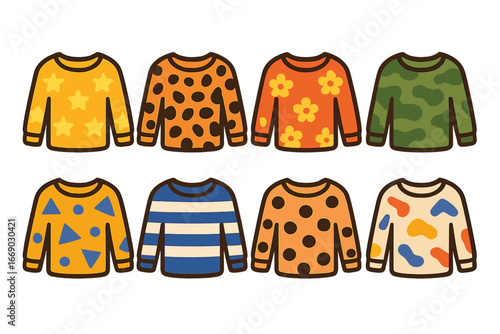 Patterned Children's Tops. Flat vector mini-illustrations long sleeve tops with patterns in colors children's illustrations: star