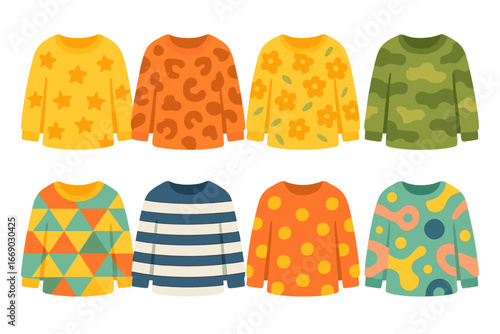 Patterned Children's Tops. Flat vector mini-illustrations long sleeve tops with patterns in colors children's illustrations: star
