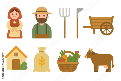 Peasant Life Icons. Flat vector mini-illustrations peasant in colors children's illustrations: peasant woman in traditional dress,