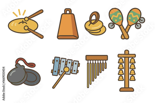 Percussion Instruments Grid. Flat vector mini-illustrations percussion instruments in colors children's illustrations: drumsticks