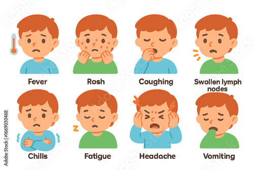Plague Symptoms Icons. Flat vector mini-illustrations plague symptoms in colors children's illustrations: fever, rash spots,