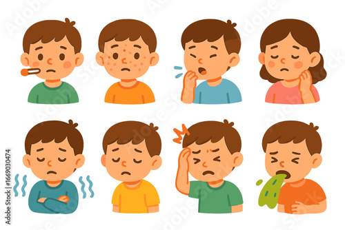 Plague Symptoms Icons. Flat vector mini-illustrations plague symptoms in colors children's illustrations: fever, rash spots,