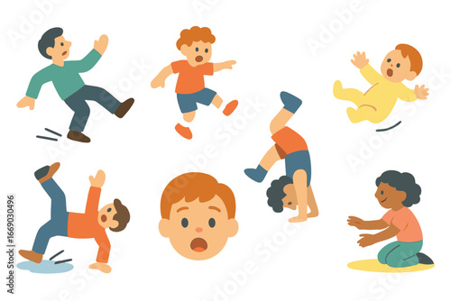 Playful Falls. Flat vector mini-illustrations people falling in colors children's illustrations: slipping person, tripping child,