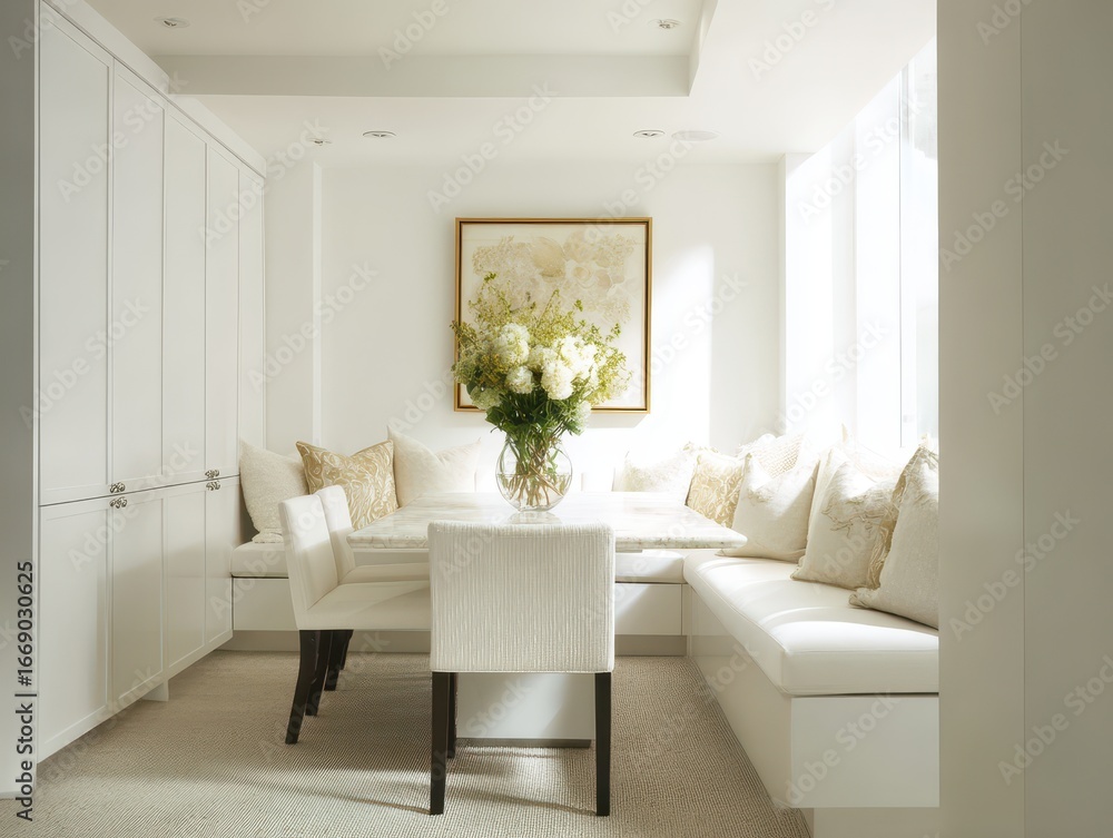 Fototapeta premium A bright, airy dining nook, showcasing a custom built-in window seat and elegant white cabinetry, bathed in natural light.