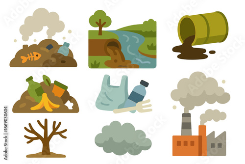 Pollution Icons Grid. Flat vector mini-illustrations environmental pollution in colors children's illustrations: landfill smoke,