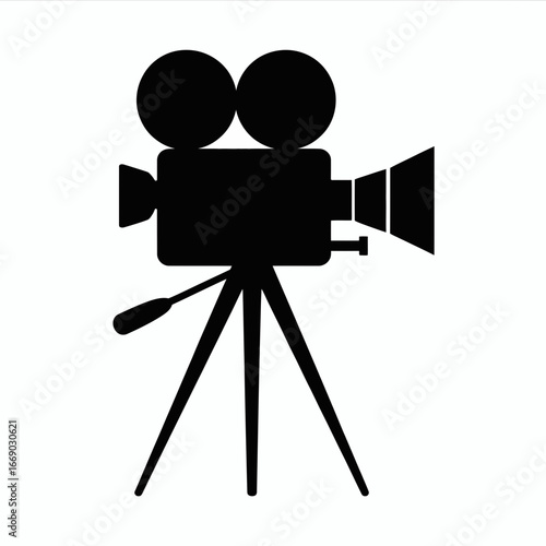Vector art of black and white vintage film camera icon, a symbol of cinema