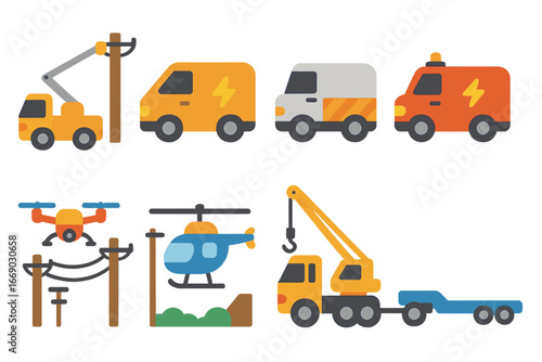 Power Line Vehicles. Flat vector mini-illustrations power line vehicles in colors children's illustrations: bucket truck, utility
