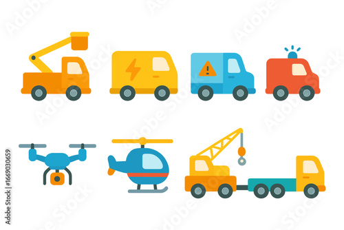 Power Line Vehicles. Flat vector mini-illustrations power line vehicles in colors children's illustrations: bucket truck, utility