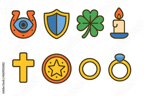 Protective Symbols Grid. Flat vector mini-illustrations curse and protection in colors children's illustrations: protective amulet