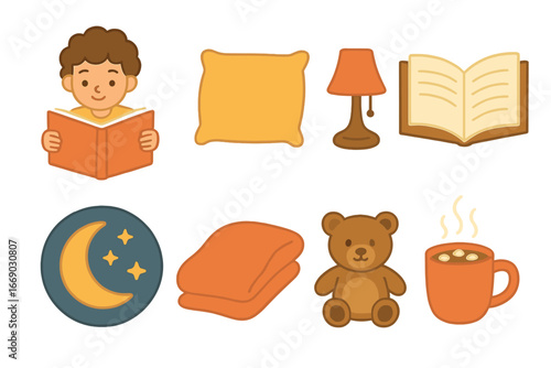 Reading Time Icons. Flat vector mini-illustrations reading moments in colors children's illustrations: child reading, comfy pillow
