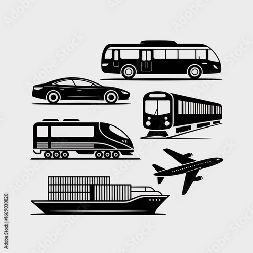 Vector art of various modes of transport including car, bus, train, airplane, and ship