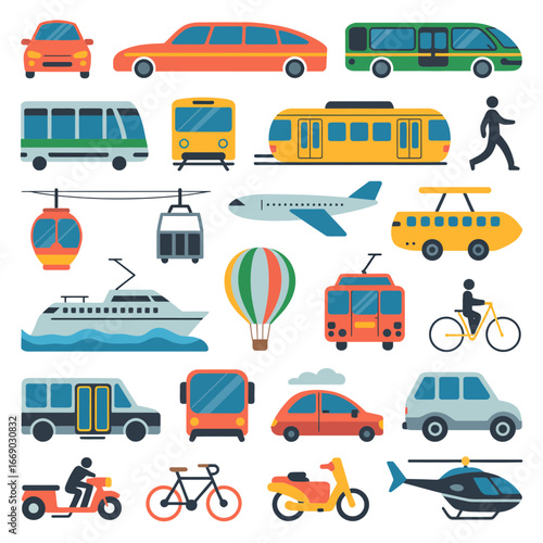 Vector art of various modes of transport including cars, buses, trams, airplanes, and more