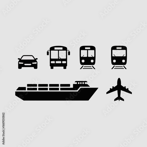 Vector art of various modes of transport including car, bus, train, airplane, and ship