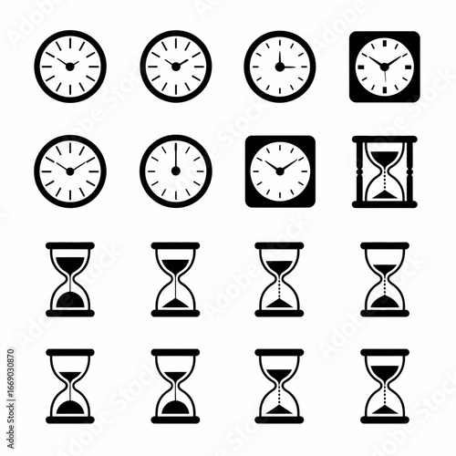 Vector art of collection of various clock and hourglass designs for timekeeping