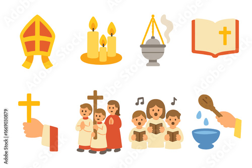 Religious Celebration Icons. Flat vector mini-illustrations Religious celebrations in colors children's illustrations: mitre, lit