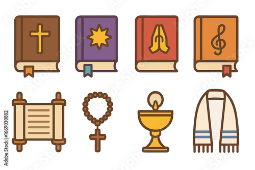 Religious Children's Icons. Flat vector mini-illustrations Religious texts in colors children's illustrations: bible, psalter,