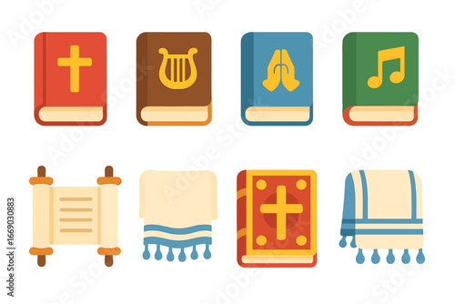 Religious Children's Icons. Flat vector mini-illustrations Religious texts in colors children's illustrations: bible, psalter,