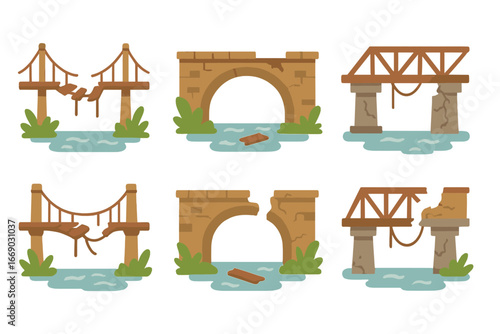 Ruined Bridges Icons. Flat vector mini-illustrations ruined bridges in colors children's illustrations: broken suspension bridge,