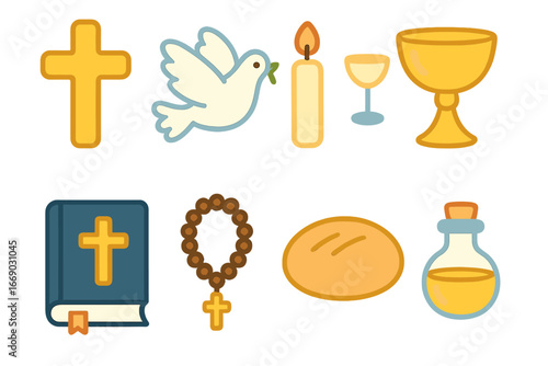 Sacred Symbols Illustrations. Flat vector mini-illustrations sacred symbols in sacrament in colors children's illustrations: cross