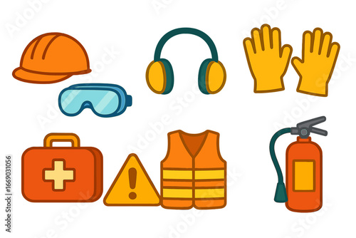 Safety Gear Icons. Flat vector mini-illustrations safety gear in colors children's illustrations: helmet, safety goggles, ear