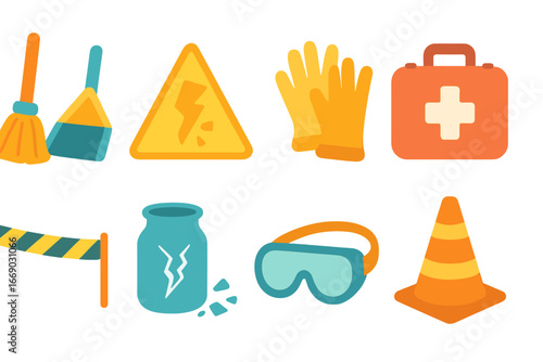 Safety Icons for Kids. Flat vector mini-illustrations shattered glass and safety in colors children's illustrations: broom and