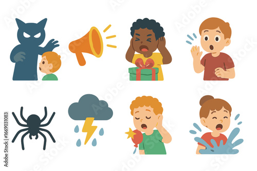 Scream Cause Icons. Flat vector mini-illustrations scream causes in colors children's illustrations: scary shadow, loud noise,