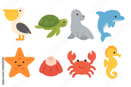 Sea Animal Icons. Flat vector mini-illustrations briny sea animals in colors children's illustrations: pelican, sea turtle, seal,
