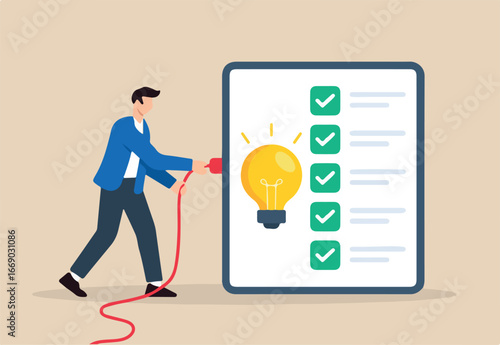 Flat illustration of remote worker plugging cables to light up checklist board with glowing bulb as symbol of productivity and task completion	
