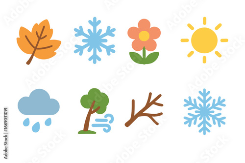 Seasonal Childhood Icons. Flat vector mini-illustrations loneliness and seasons in colors children's illustrations: autumn leaf,