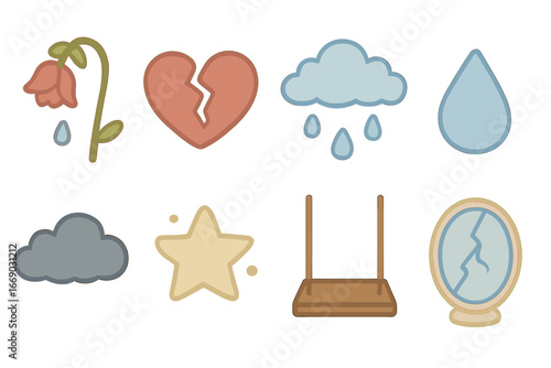 Sorrowful Symbols Grid. Flat vector mini-illustrations sorrow symbols in colors children's illustrations: wilted rose, broken