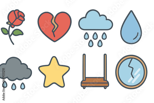 Sorrowful Symbols Grid. Flat vector mini-illustrations sorrow symbols in colors children's illustrations: wilted rose, broken
