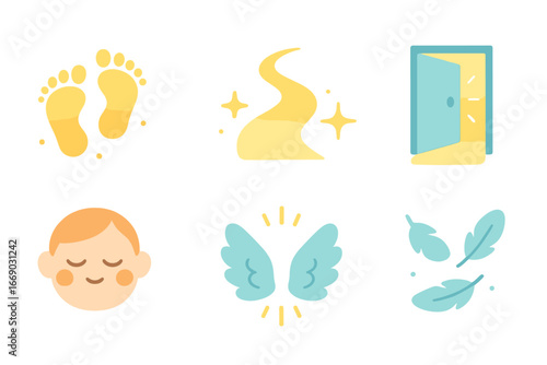 Soul Journey Icons. Flat vector mini-illustrations Soul journey in colors children's illustrations: footsteps in light, glowing