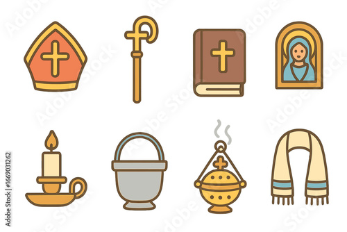 Spiritual Symbols Grid. Flat vector mini-illustrations Spiritual father symbols in colors children's illustrations: mitre hat,