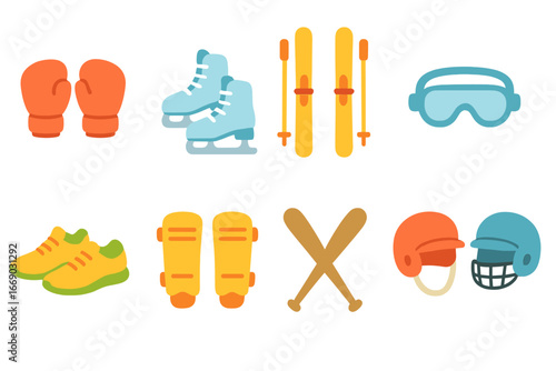Sports Gear Grid. Flat vector mini-illustrations sports pairs in colors children's illustrations: pair of boxing gloves, pair of