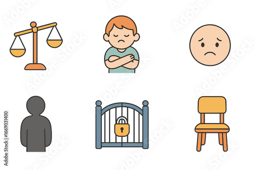 Symbols of Unfairness. Flat vector mini-illustrations injustice and unfairness in colors children's illustrations: tilted scales,