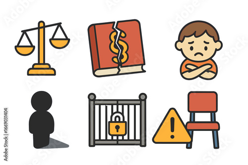 Symbols of Unfairness. Flat vector mini-illustrations injustice and unfairness in colors children's illustrations: tilted scales,