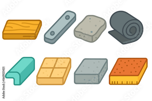 Threshold Materials Icons. Flat vector mini-illustrations threshold materials in colors children's illustrations: wood plank,